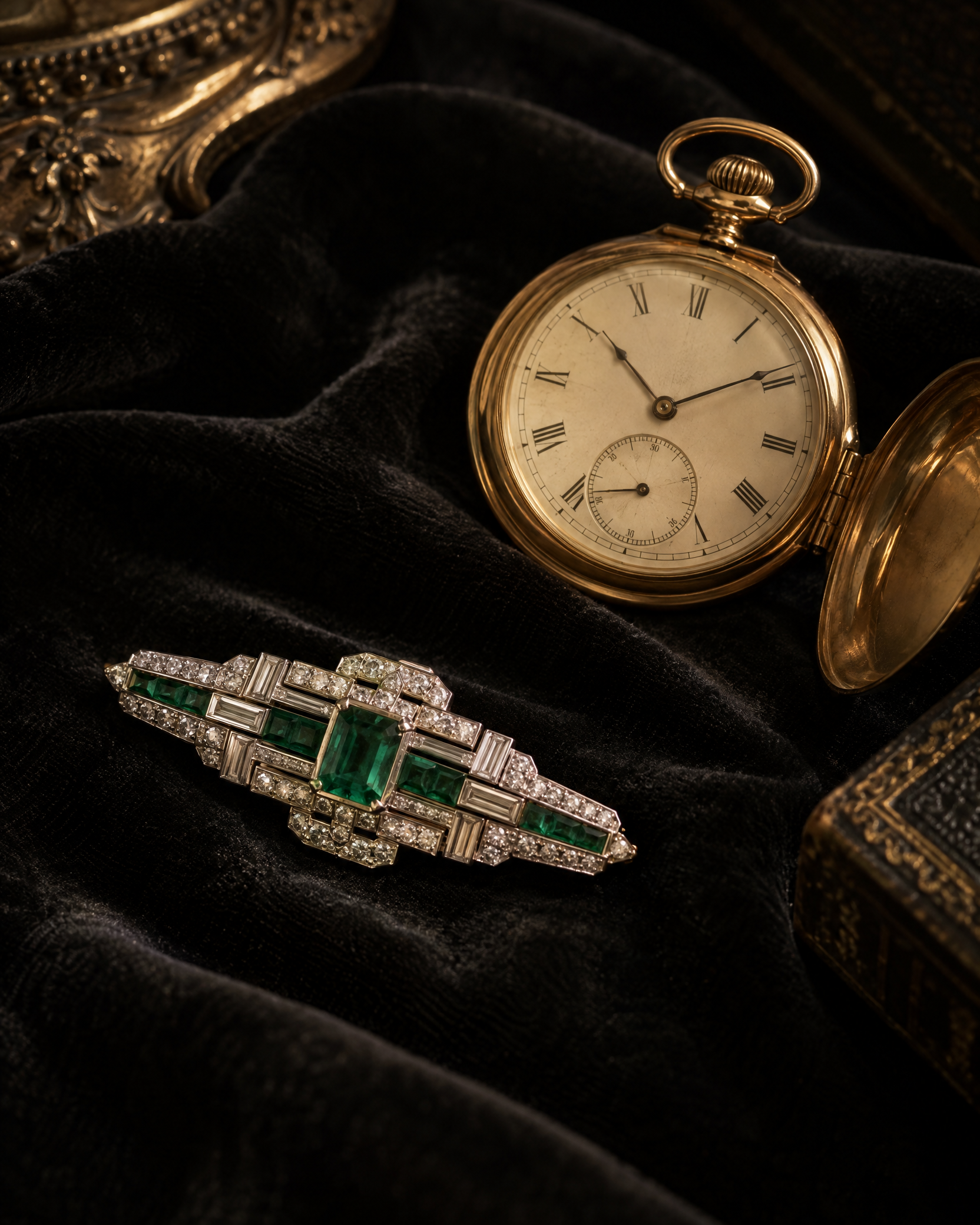 Art Deco jewellery and vintage gold pocket watch
