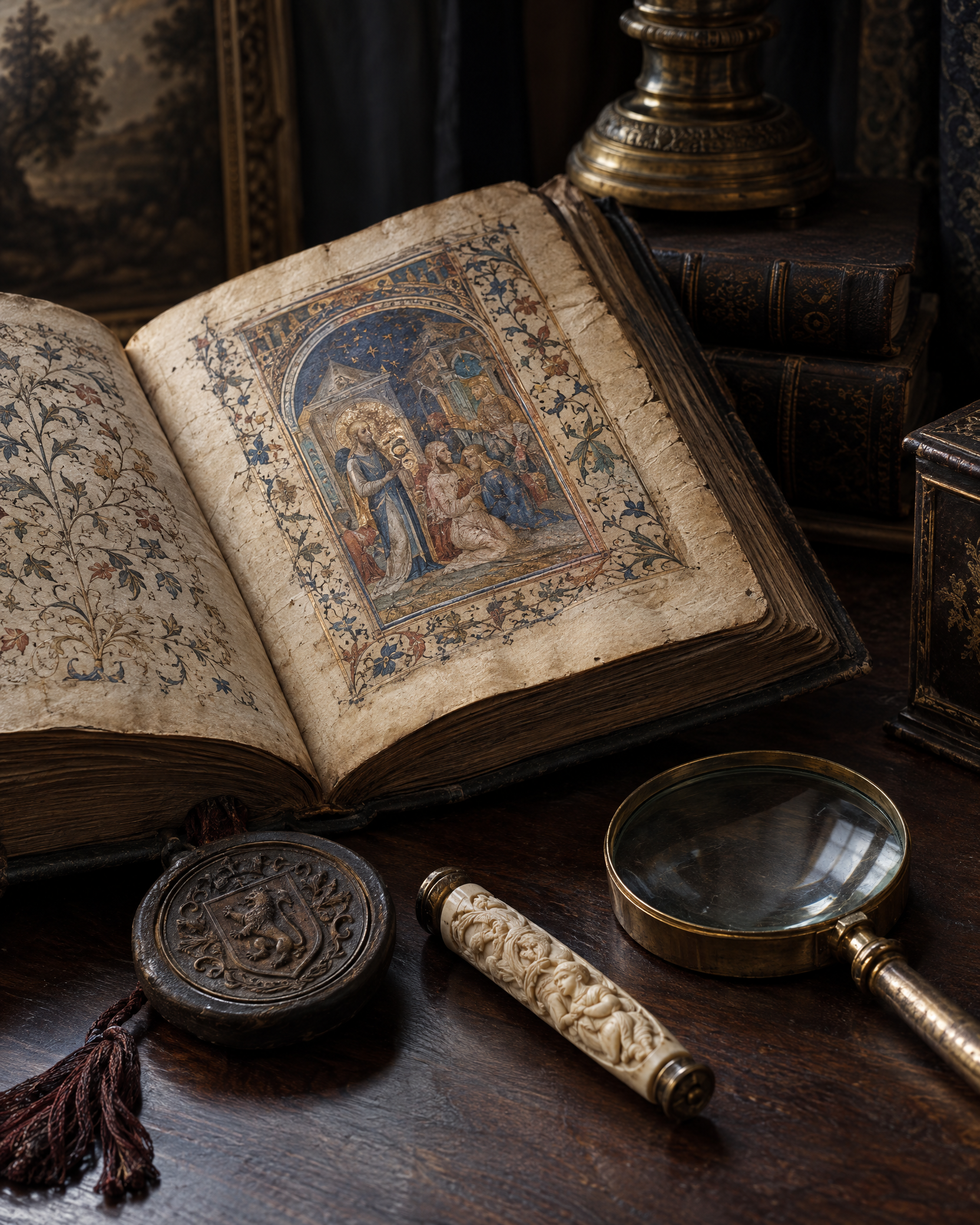 Rare manuscript and antique seal on a walnut table